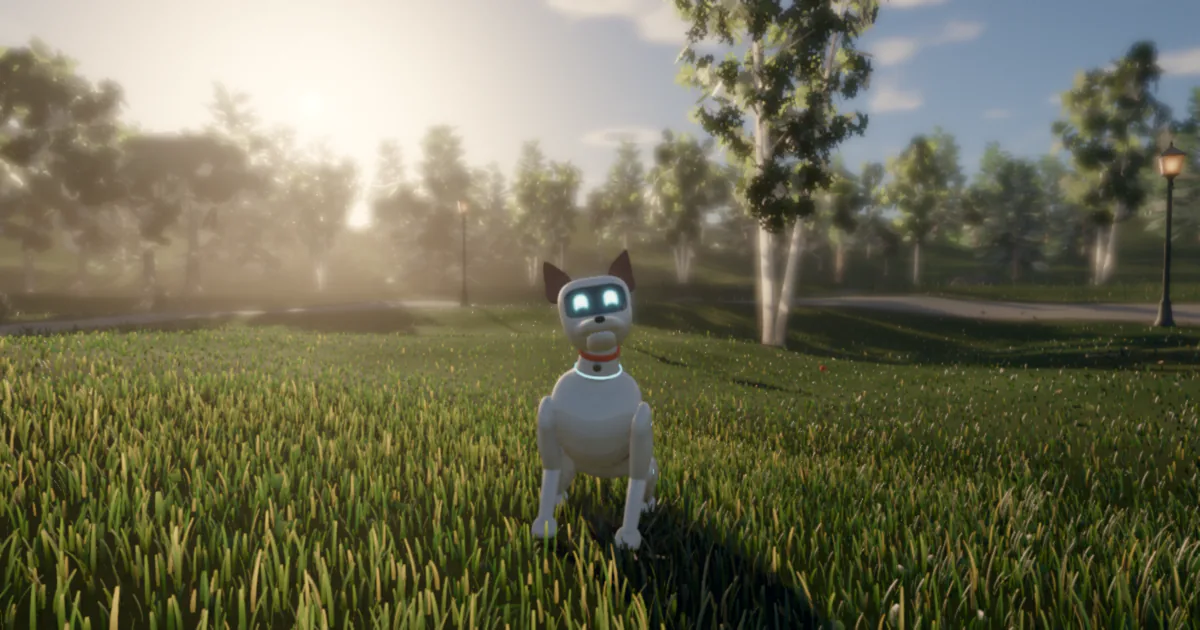 pet, a robot dog in a park at golden hour, looking into the lens