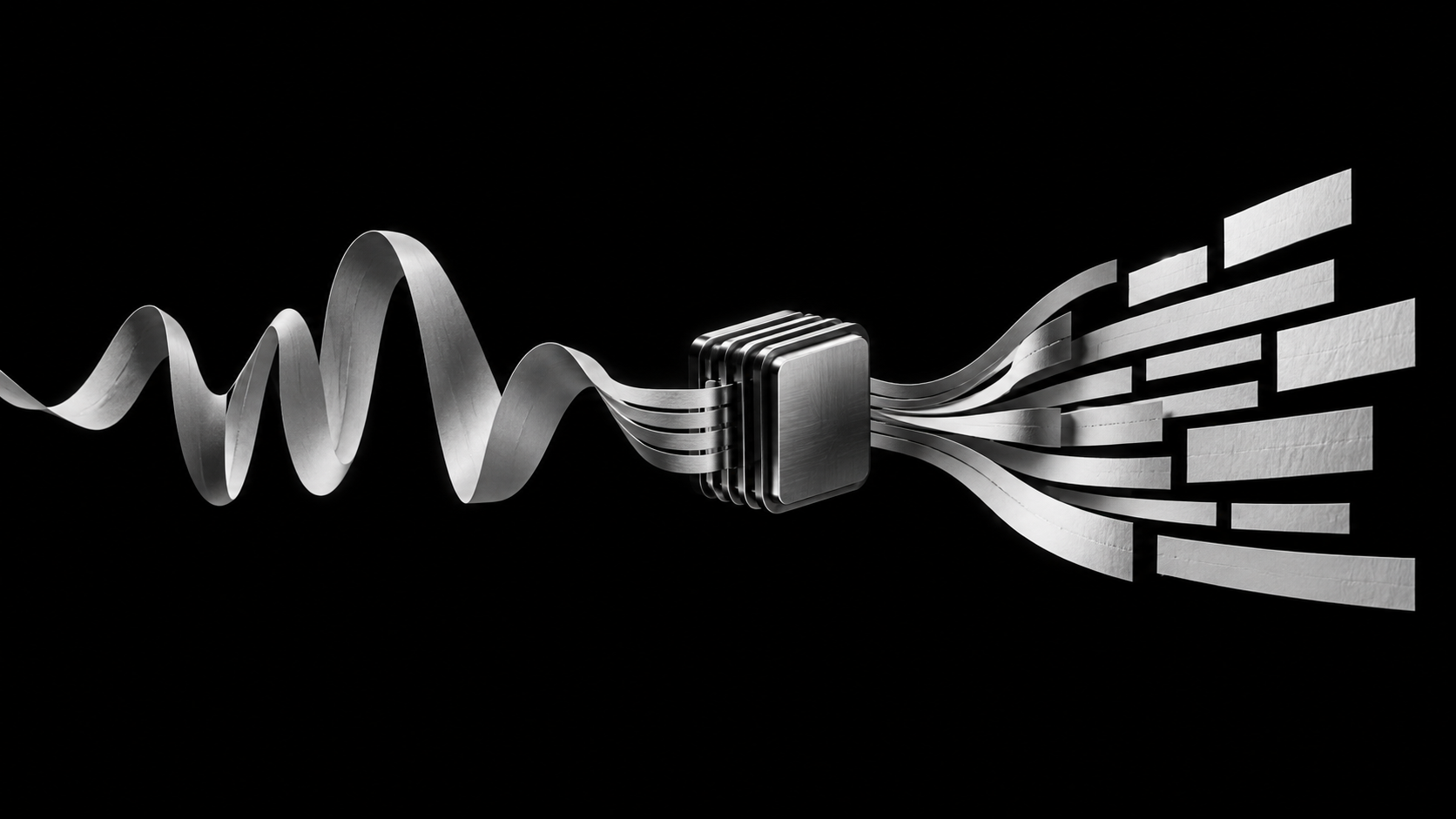 a luminous speech wave passing through a local compute lattice and resolving into text-like particles